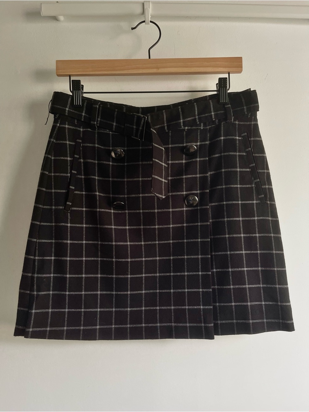 Banana Republic Factory Black Windowpane Plaid Belted Wrap Mini Skirt Size 4